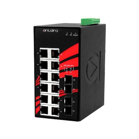 Antaira 16-Port Industrial Gigabit Unmanaged Ethernet Switch, w/12*10/100/1000Tx + 4*100/1000 SFP Slots; EOT LNX-1604G-SFP-T